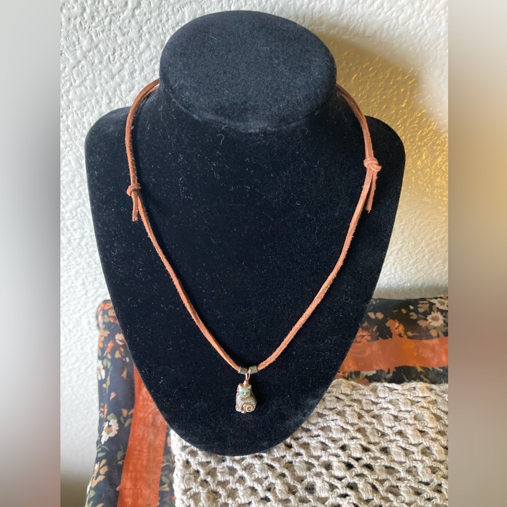 Brown Suede Cord Necklace with Czech Glass Cat Pendant - Picture 2 of 8